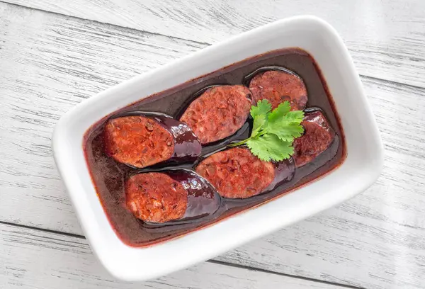 Μπολ Λουκάνικο Chorizo Μαγειρεμένο Κόκκινο Κρασί Εικόνα Αρχείου