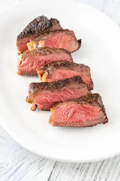 Sliced Cooked Strip Steak Plate Stock Photo