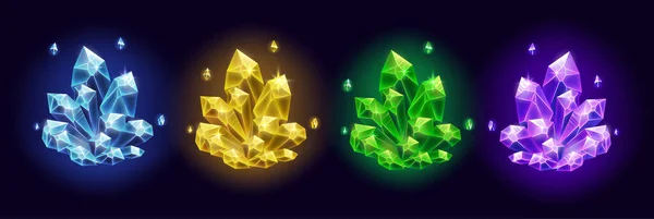 Красочные Магические Сверкающие Кристаллы Ресурсы Выделенные Черном Фоне Игровой Дизайн — стоковый вектор
