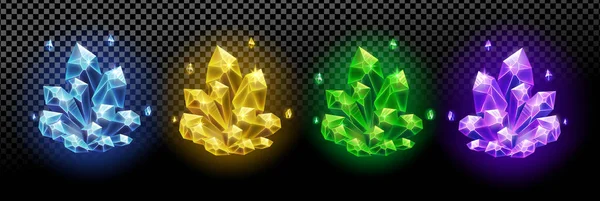 Красочные Магические Сверкающие Кристаллы Ресурсы Выделенные Прозрачном Фоне Игровой Дизайн — стоковый вектор