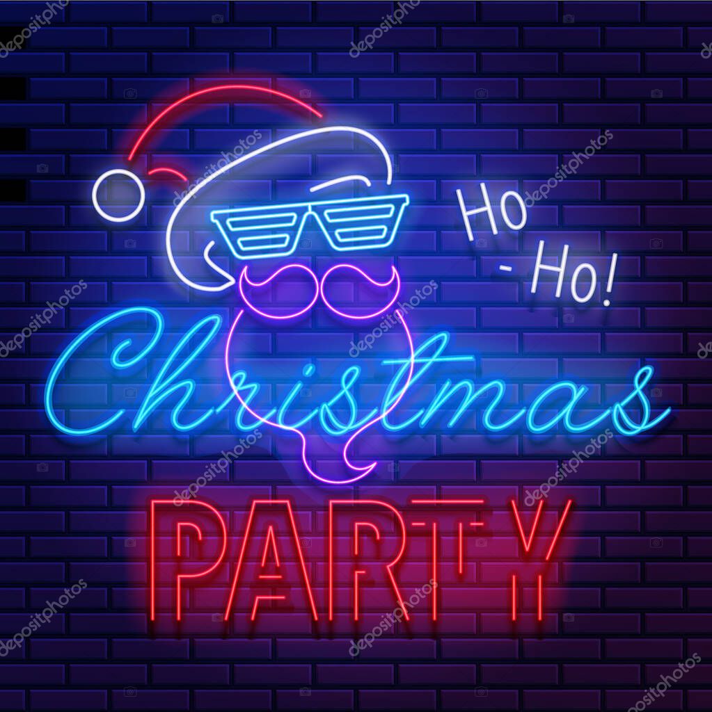 Neon sign lettering Christmas party with santa claus on brick wall background. Glowing inscription banner, vector illustration