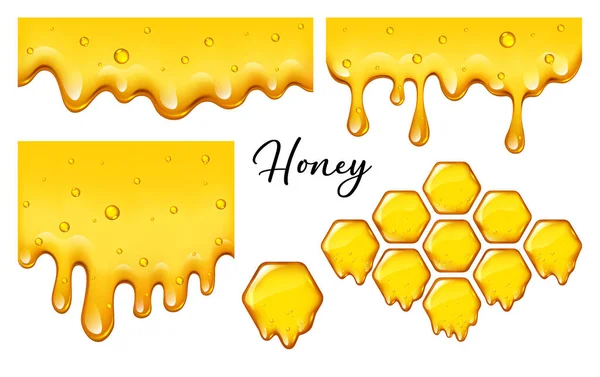 Yelllow Honeycombs Flowing Honey Borders Set Isolated Design Medicine Logo — Wektor stockowy