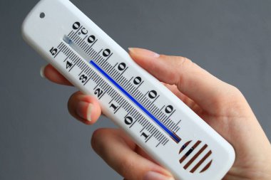 A womans hand with a plastic mercury thermometer shows high air temperature in Celsius outdoors in the shade. more than 36 degrees. Global warming, hot weather cyclone in Europe, abnormally hot clipart