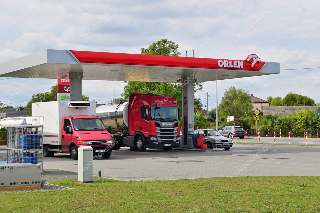 Annopol, Poland - September 13, 2022: Orlen Fuel Station in Annopol. Orlen chain of gas stations is owned by the Polish oil concern PKN ORLEN, one of the largest oil companies in the Central and Eastern Europe