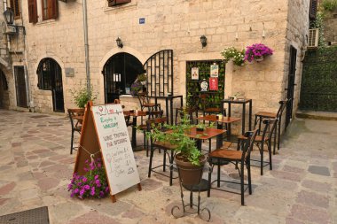 Kotor, Montenegro - June 7, 2022: Cafe in the Old Town of Kotor. Montenegro