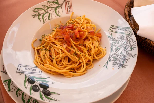 Pasta Fresh Tomato Sauce Served Montenegrin Restaurant — Stock Photo, Image