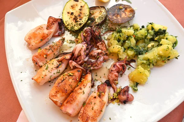 stock image Grilled calamari, served with zucchini and swiss chard with potatoes. Traditional Balkan dish