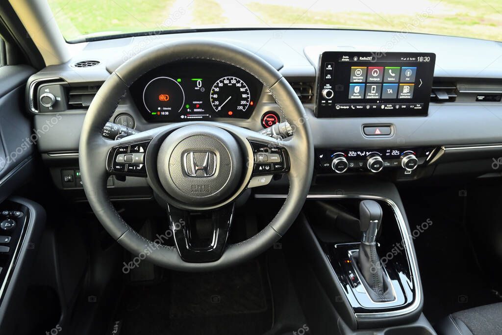 Puck, Poland - April 16, 2023: Interior accessories of Honda HR-V hybrid