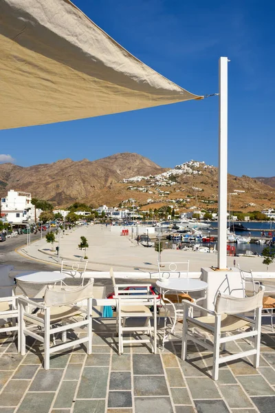 stock image Typical seaside restaurant with beautiful sea view in Livadi village on Serifos Island. Greece