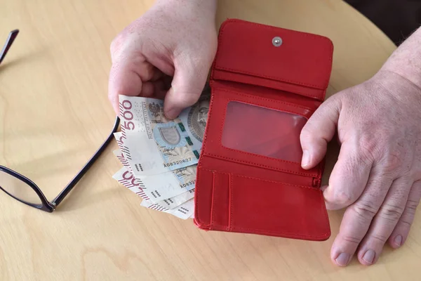 Mãos Segurando Carteira Com Dinheiro Polonês Moeda Conceito Segurança Financeira — Fotografia de Stock