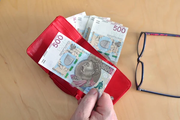 Mãos Segurando Carteira Com Dinheiro Polonês Moeda Conceito Segurança Financeira — Fotografia de Stock