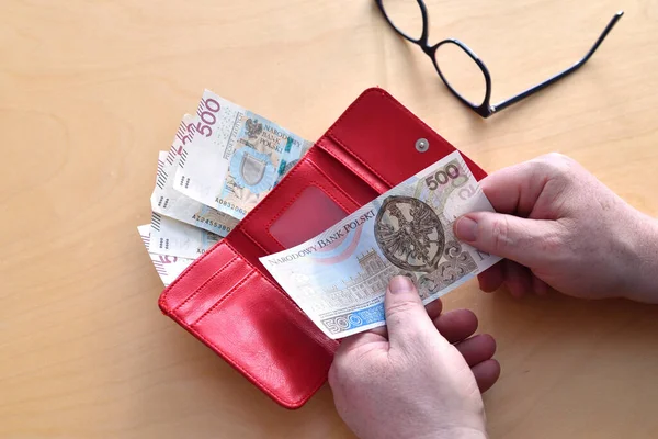 Руки Держат Бумажник Польскими Валютными Деньгами Концепция Финансовой Безопасности Старости Стоковое Изображение