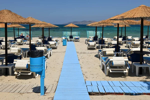 Kos Greece May 2023 Sunbeds Umbrella Sandy Beach Marmari Greek — Stock Photo, Image