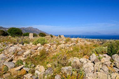 Yunanistan 'ın Kos adasındaki Antimachia Kalesi' nin kısa bitki örtüsü ve kalıntıları
