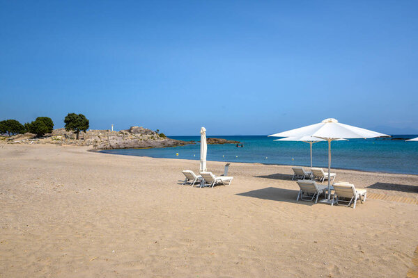 Agios Stefanos beach, a long beach of sand and fine pebbles on the island of Kos. Greece