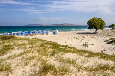 Kos, Yunanistan - 12 Mayıs 2023: Altın kum ve turkuaz suyla Marmari plajı. Kos Adası, Yunanistan
