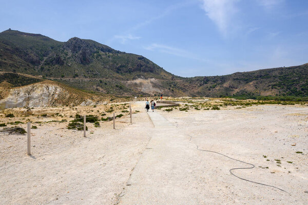 Nisyros, Greece - May 10, 2023: Pathway to the Stefanos crater on Nisyros island. Greece