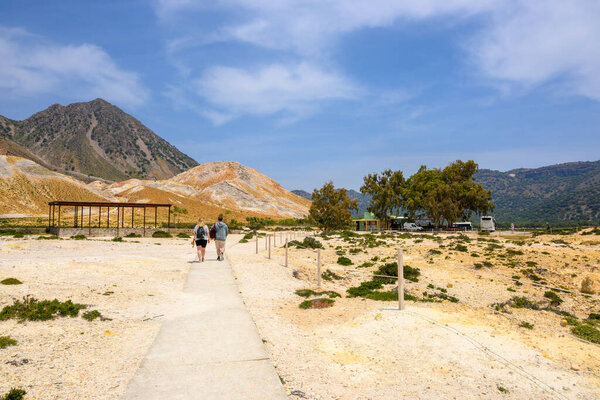 Nisyros, Greece - May 10, 2023: The Stefanos crater area, the most impressive volcano on the island of Nisyros in Greece