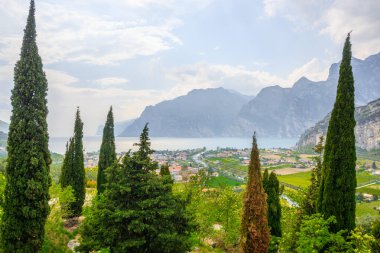Kuzey Garda Gölü ve Nago-Torbole 'da panoramik açıdan görülen selvi ağaçları. İtalya