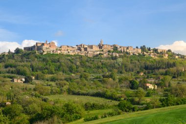 Montepulciano, İtalya - Nisan 2023: Siena eyaletinin Montepulciano köyünün bahar manzarası. Toskana, İtalya