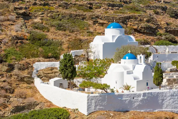 stock image Monastery with white church with blue dome near Kastro village, Sifnos island, Greece