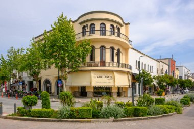 Kos, Yunanistan - 9 Mayıs 2023: Eski Kos Kasabası mimarisi. Kos Adası, Dodecanese, Yunanistan