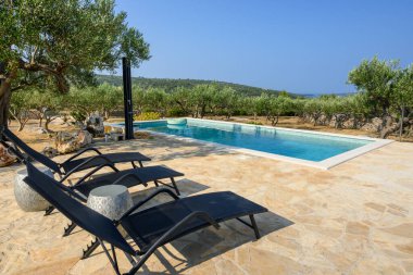 Brac, Hırvatistan - 10 Haziran 2025: Hırvatistan 'ın Brac adasında yazlık villalarla yüzme havuzu