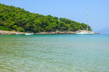 Lovrecina plajı, sığ denizli uzun kumlu körfez. Brac Adası, Hırvatistan