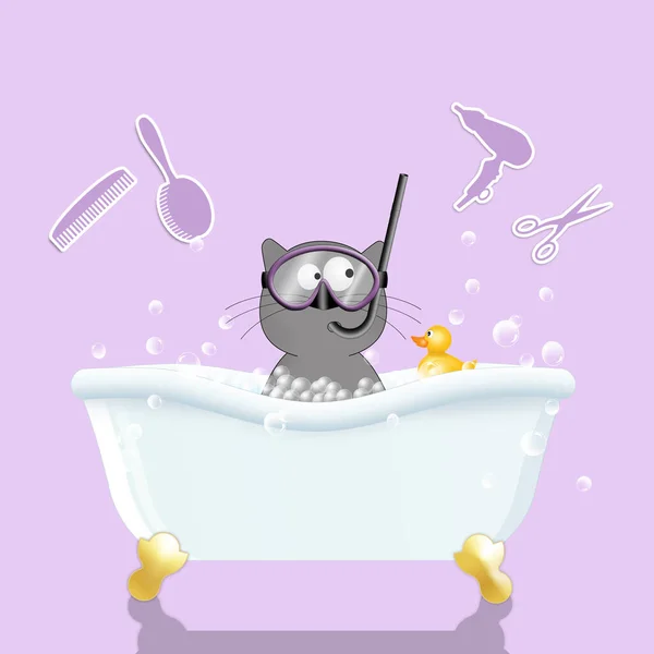 サブマスクのお風呂の中のいい猫のイラスト — ストック写真