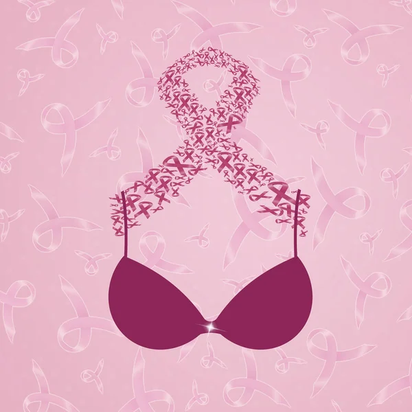 粉红胸罩及粉红缎带预防乳腺癌的图例 — 图库照片