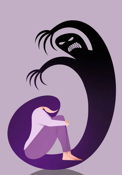 Een Illustratie Van Depressieve Vrouw Met Depressie Monster Rechtenvrije Stockafbeeldingen