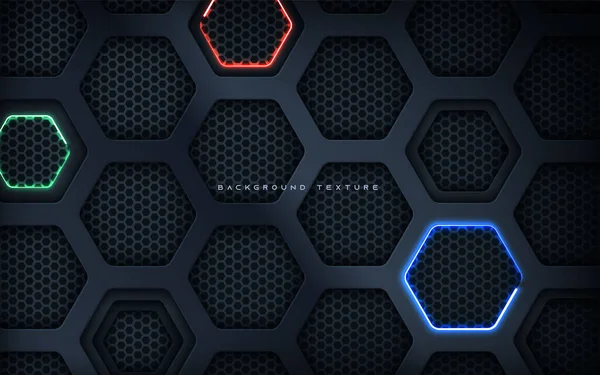 Hexagon Gat Dimensie Zwarte Achtergrond Met Kleurrijke Neon Licht — Stockvector