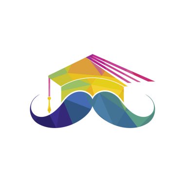 Güçlü eğitim logosu tasarım şablonu. Bıyık simgesi tasarımlı şapka mezuniyeti.