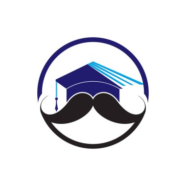 Güçlü eğitim logosu tasarım şablonu. Bıyık simgesi tasarımlı şapka mezuniyeti.