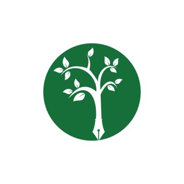 Ağaç kalem vektör logosu tasarım şablonu. Yazar ve doğa logosu kavramı.