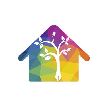 Ağaç kalem vektör logosu tasarım şablonu. Yazar evi ve doğa logosu kavramı.