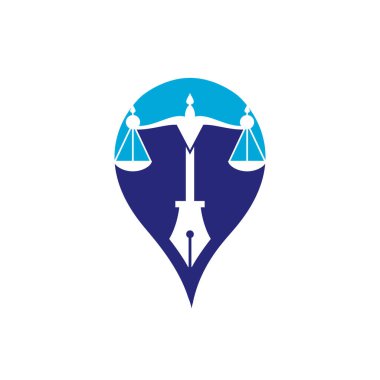 Yargı dengesine sahip hukuk logosu vektörü kalem ucunda adalet ölçeğini sembolize ediyor. Hukuk, mahkeme, adalet hizmetleri ve firmalar için logo vektörü.