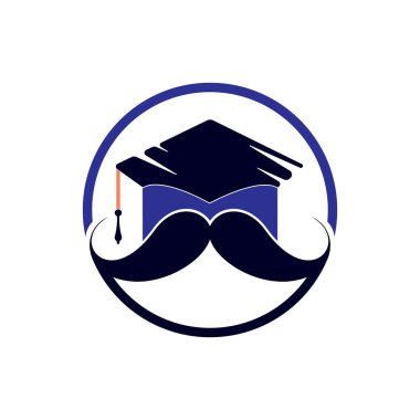 Güçlü eğitim logosu tasarım şablonu. Bıyık simgesi tasarımlı şapka mezuniyeti.