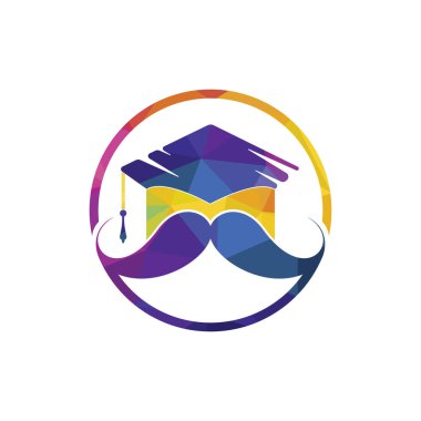 Güçlü eğitim logosu tasarım şablonu. Bıyık simgesi tasarımlı şapka mezuniyeti.