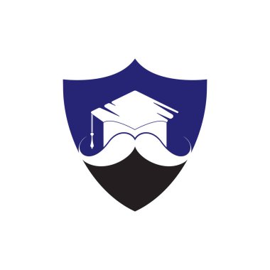 Güçlü eğitim logosu tasarım şablonu. Bıyık simgesi tasarımlı şapka mezuniyeti.