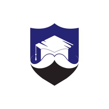 Güçlü eğitim logosu tasarım şablonu. Bıyık simgesi tasarımlı şapka mezuniyeti.