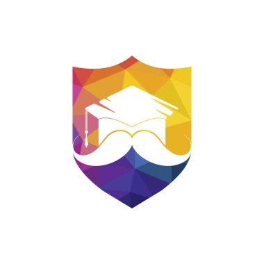 Güçlü eğitim logosu tasarım şablonu. Bıyık simgesi tasarımlı şapka mezuniyeti.