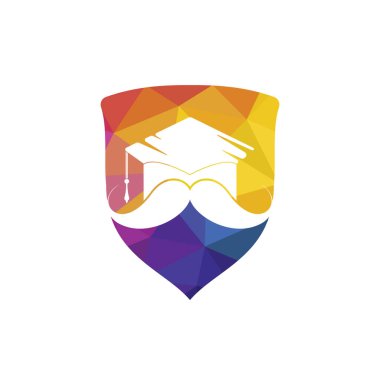 Güçlü eğitim logosu tasarım şablonu. Bıyık simgesi tasarımlı şapka mezuniyeti.