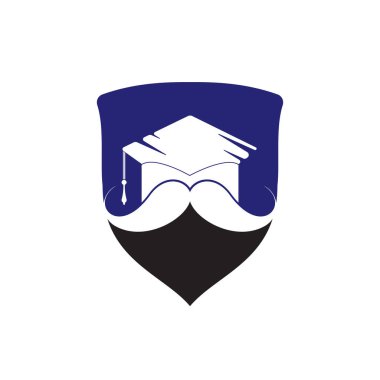 Güçlü eğitim logosu tasarım şablonu. Bıyık simgesi tasarımlı şapka mezuniyeti.