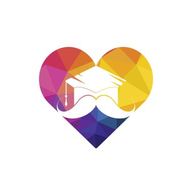 Güçlü eğitim logosu tasarım şablonu. Bıyıklı ve kalp ikonu tasarımlı şapka mezuniyeti.