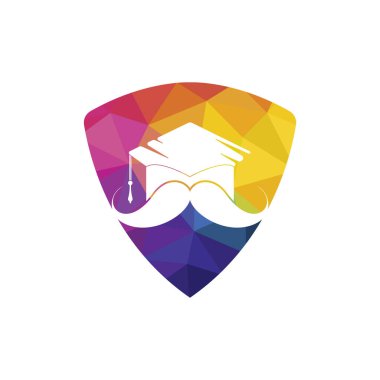 Güçlü eğitim logosu tasarım şablonu. Bıyık simgesi tasarımlı şapka mezuniyeti.