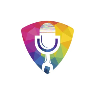 Podcast vektör logo tasarımını onar. İngiliz anahtarı ve mikrofon simgesi tasarımı.