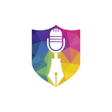 Kalem mikrofon konferansı podcast radyo logosu tasarımı. Eğitim podcast vektör logosu tasarımı.