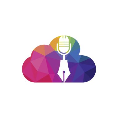 Kalem mikrofon konferansı podcast radyo logosu tasarımı. Eğitim podcast vektör logosu tasarımı.