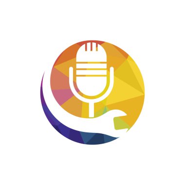 Podcast vektör logo tasarımını onar. İngiliz anahtarı ve mikrofon simgesi tasarımı.